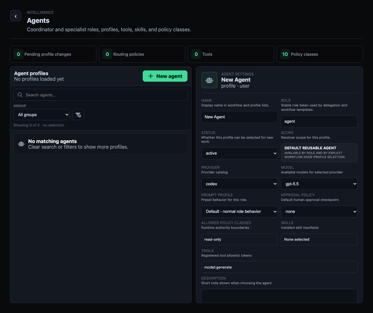 Aegis Agents settings with coordinator and specialist profile controls