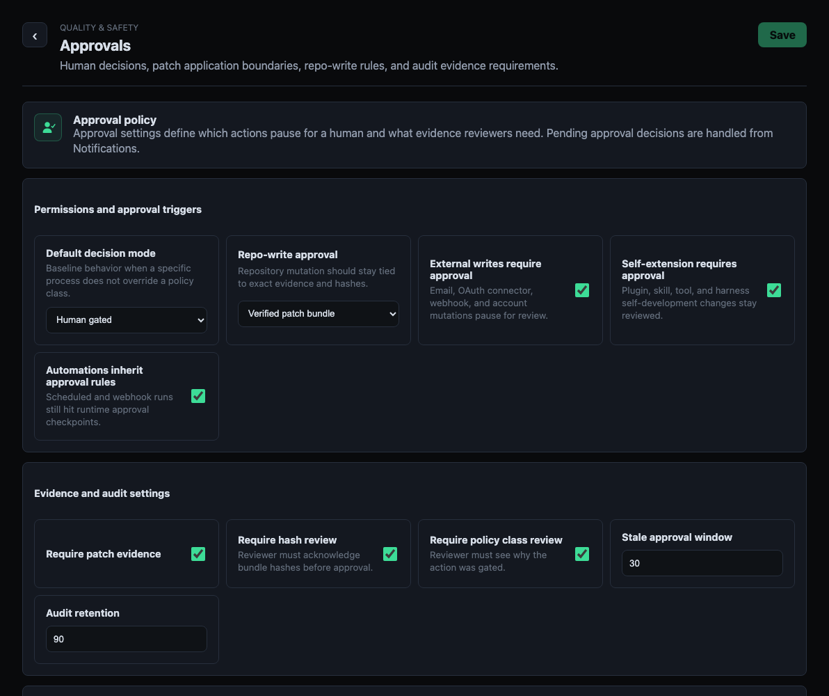 Aegis Approvals settings with human review and evidence requirements