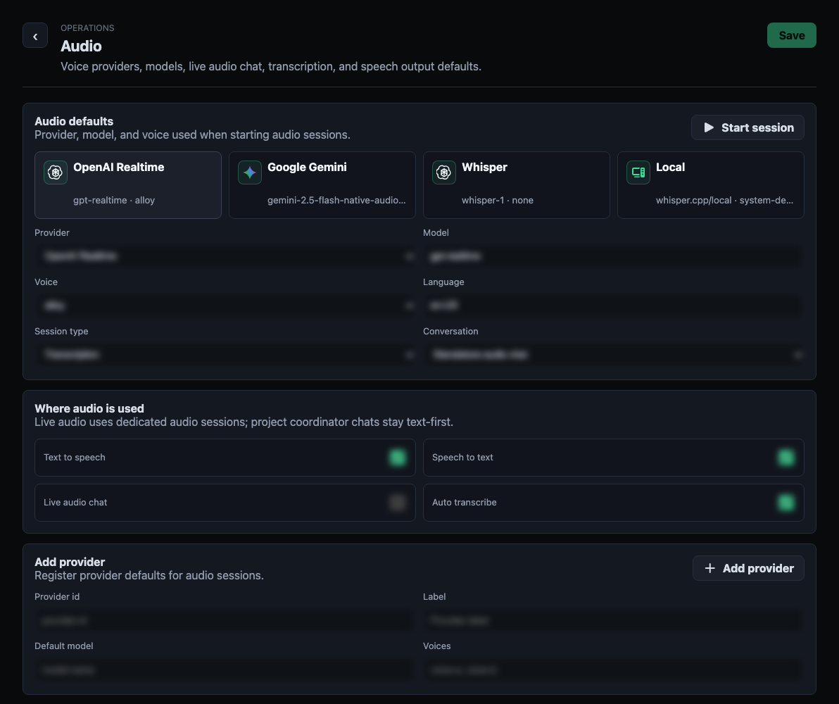 Aegis Audio settings with provider, model, voice, and session controls
