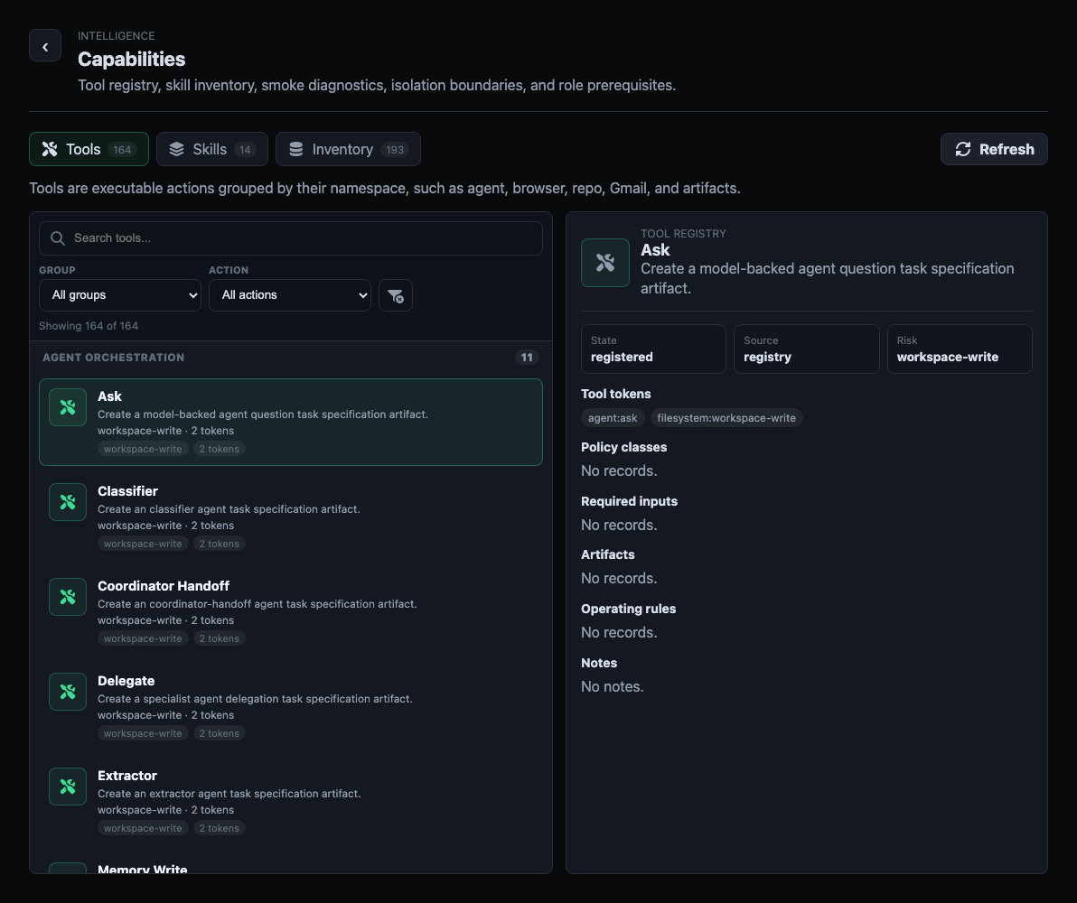 Aegis Capabilities settings with tools, skills, and inventory tabs