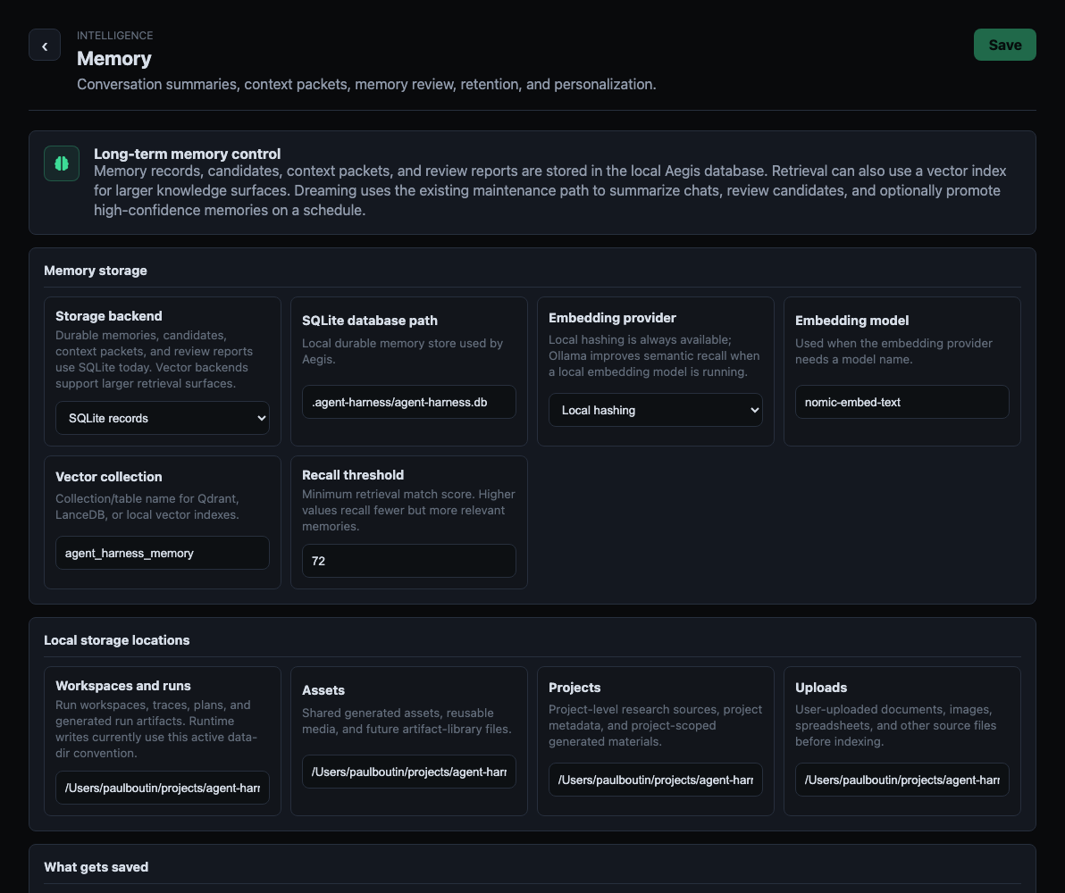 Aegis Memory settings with storage backend, save rules, and recall controls