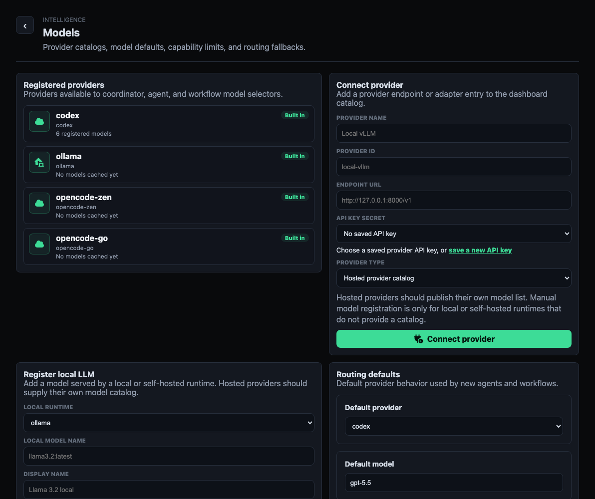Aegis Models settings with provider catalog, local model registration, and routing defaults