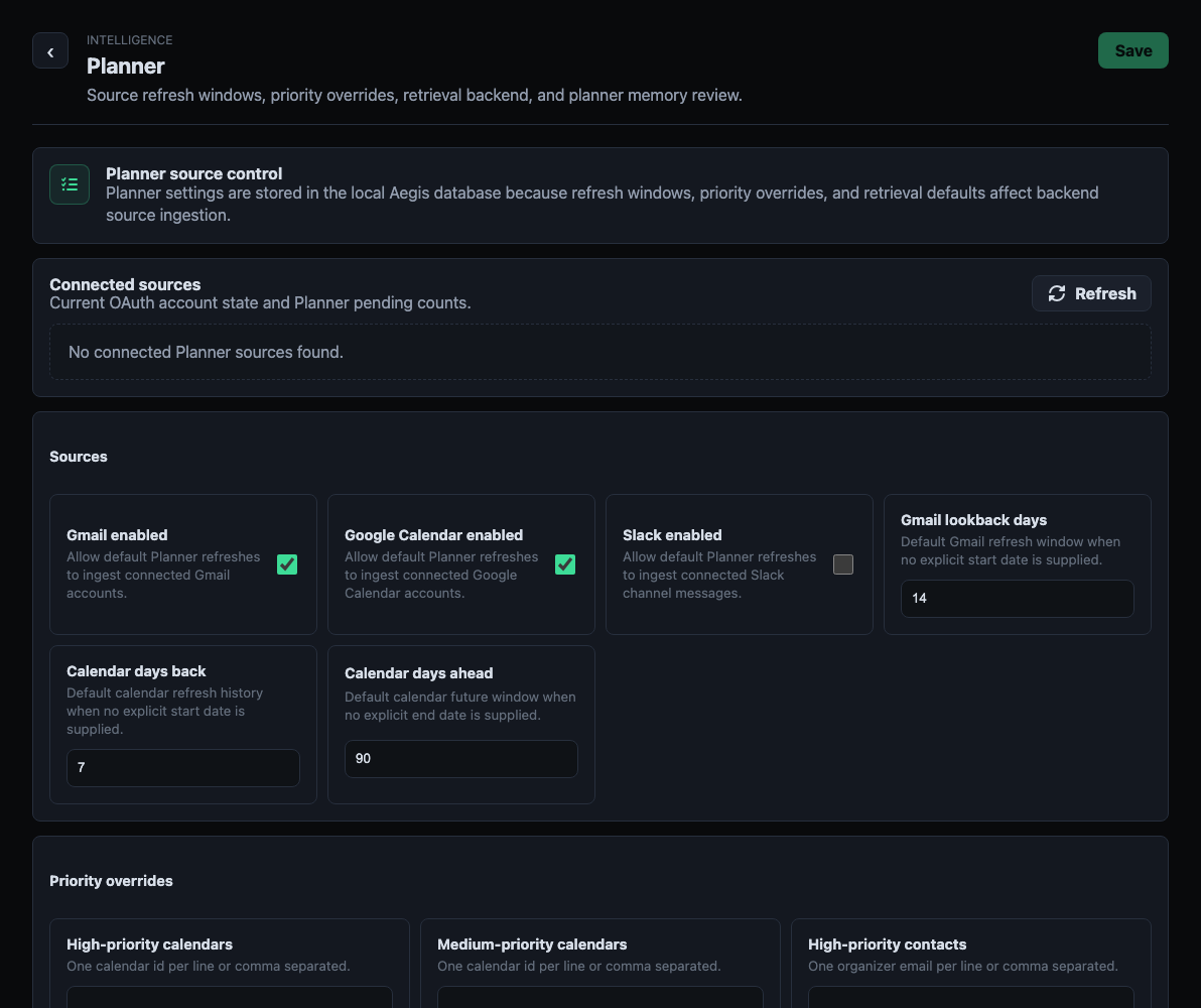 Aegis Planner settings with source refresh and retrieval options