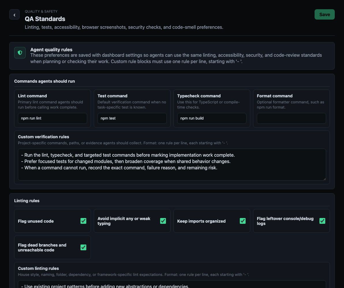 Aegis QA Standards settings with test, lint, accessibility, security, and code quality checks