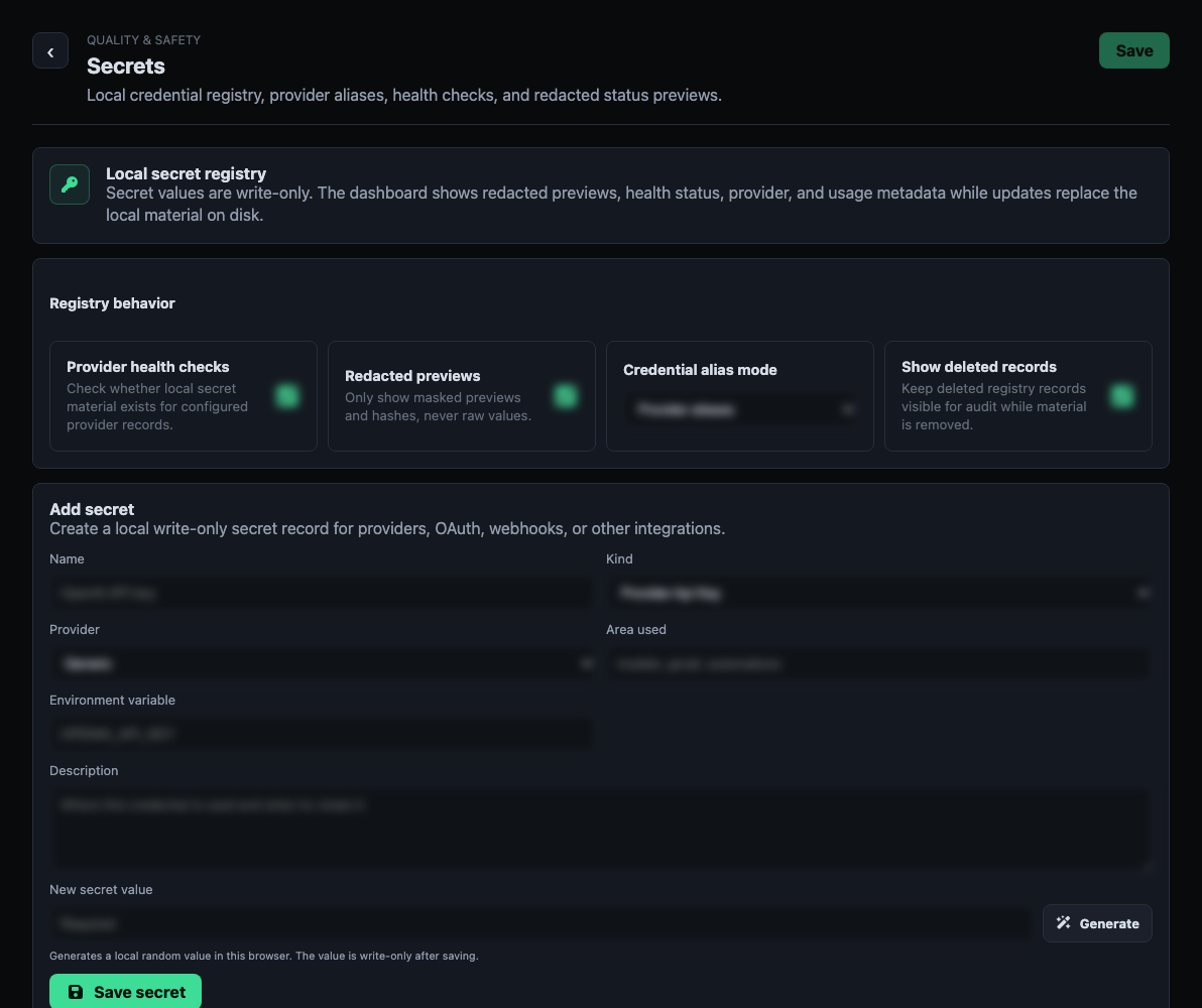 Aegis Secrets settings with credential fields blurred